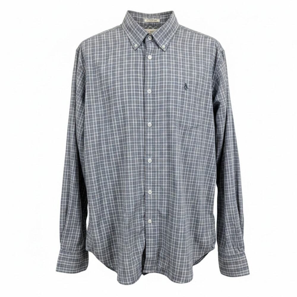 Original Penguin Mens L Heritage Slim Fit Plaid Button Down Shirt Stretch Gray